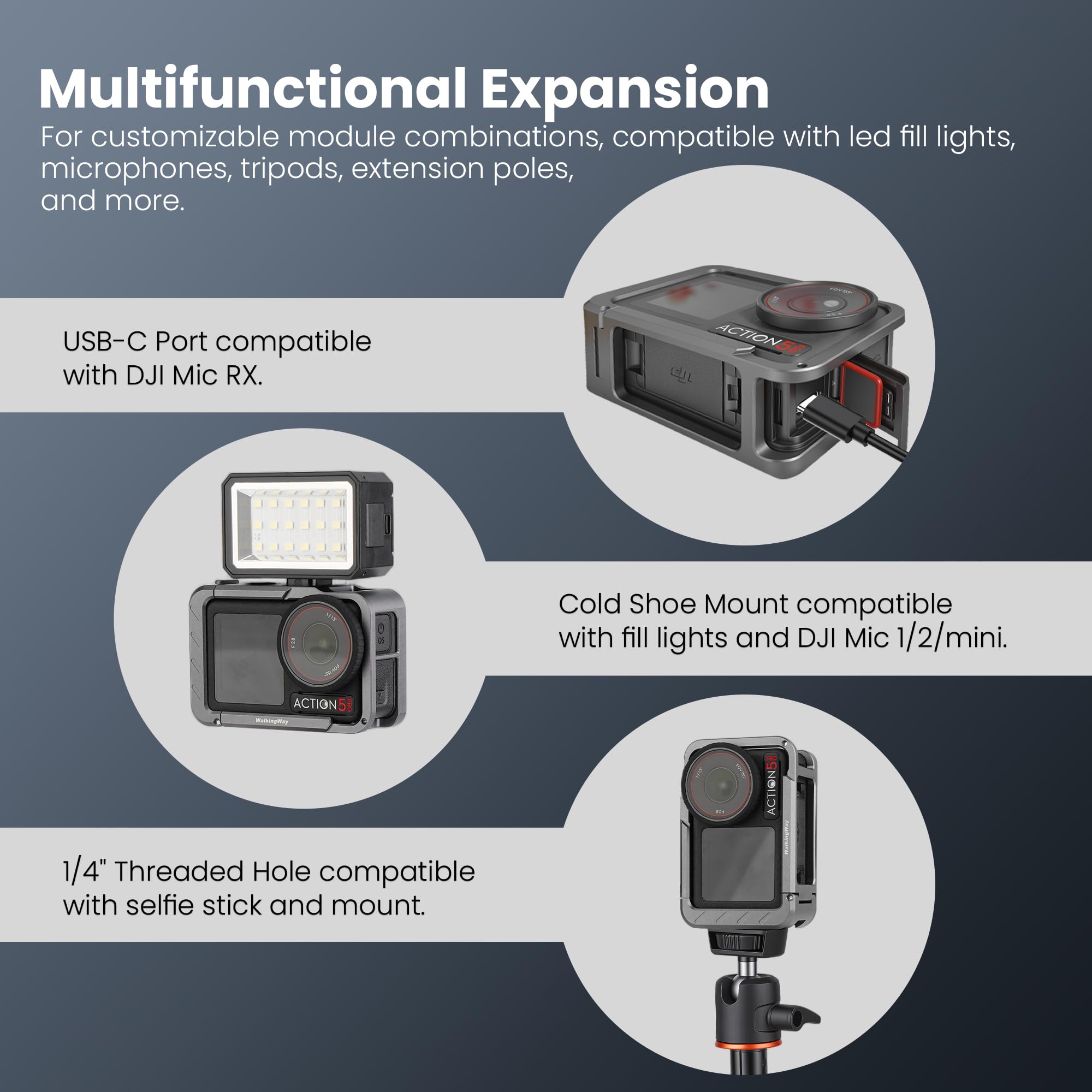 Walking Way Gabbia Protettiva in Metallo per DJI Osmo Action 5 Pro/4/3, Telaio in Lega di Alluminio con Slitta a Freddo e Filettatura da 1/4"-20, Attacco Magnetico Rapido per Accessori DJI Mic
