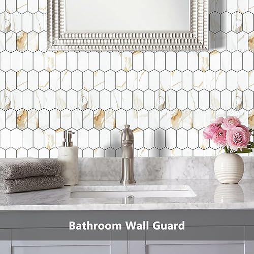 Vista 20 de Vamos Tile Azulejos hexagonales largos para despegar y pegar, 10 hojas para pegar en la pared del muro para la cocina y el baño, Calacatta dorado