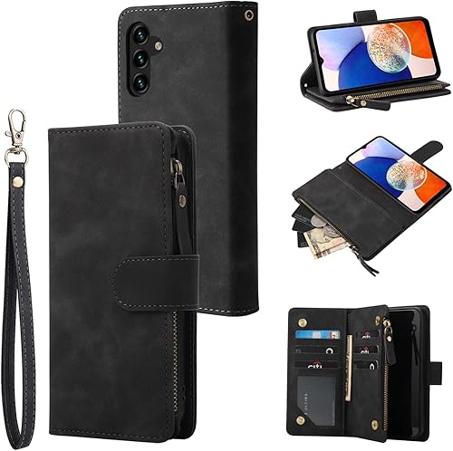 RANYOK Compatible con Galaxy A14 5G, funda tipo cartera de piel sintética de alta calidad, bloqueo RFID con ranura para tarjetas, correa de muñeca,
