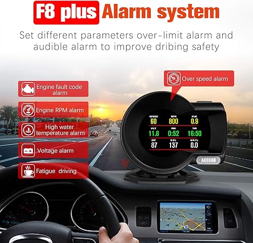 Miniatura 9 de ACECAR Pantalla frontal HUD para automóvil, OBD+GPS indicador inteligente con prueba de freno de prueba, alarma de sobrevelocidad HD LCD de reajuste