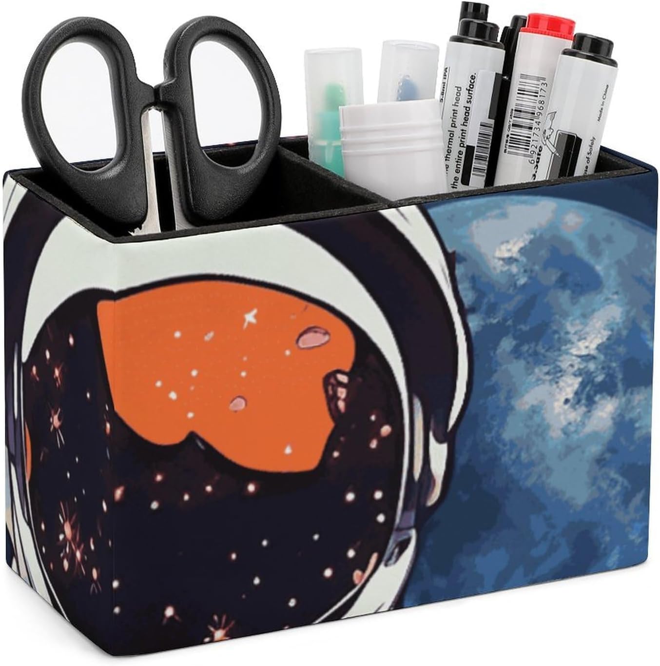 Cool Man in Outer Space Galaxy Leather Pen Holder for Desk Double Compartments Brush Pot Square Pencil Container Box Desktop Organizer for Home Office Accessories