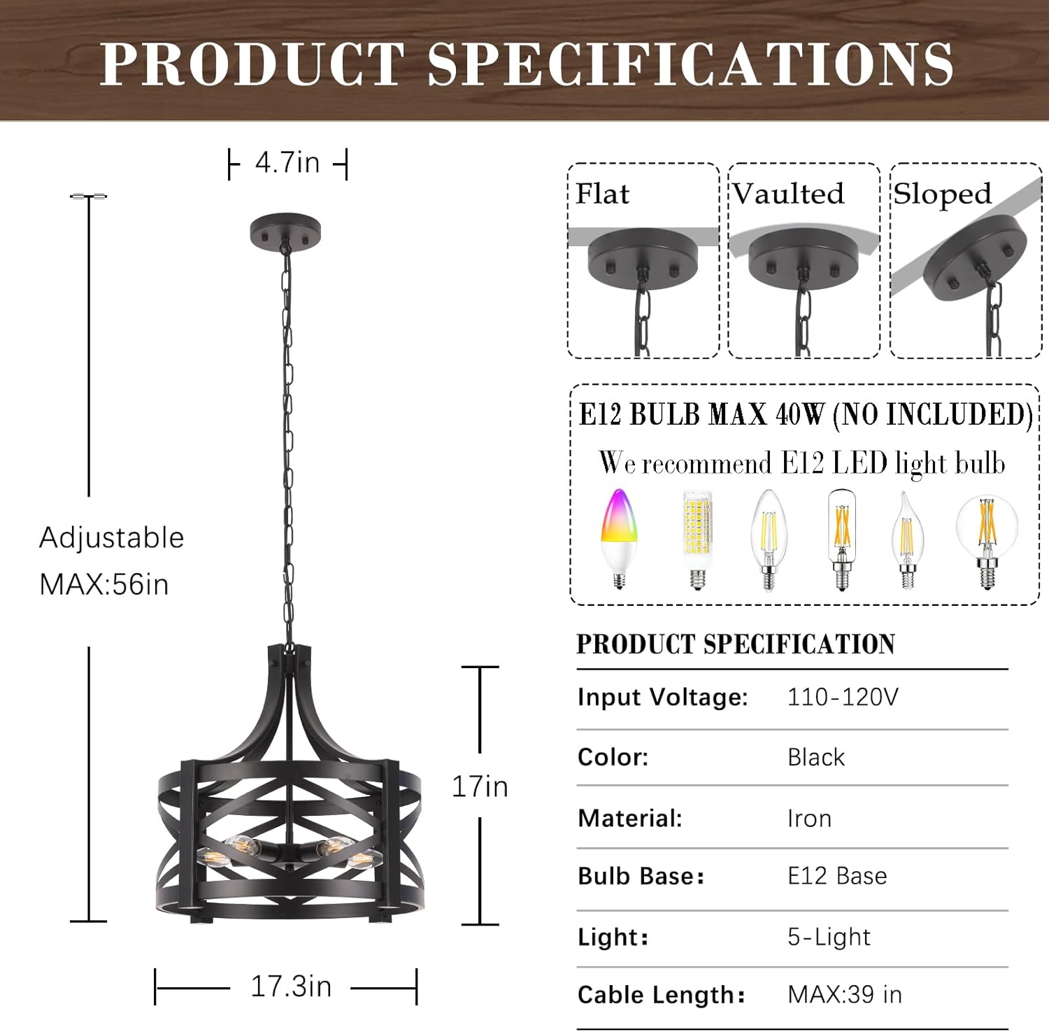 Black Chandelier, 5-Light Farmhouse Chandelier Dining Room Light Fixture, Modern Industrial Pendant Lights with Adjustable Chain for Living Room Foyer Entrance Bedroom Kitchen Island