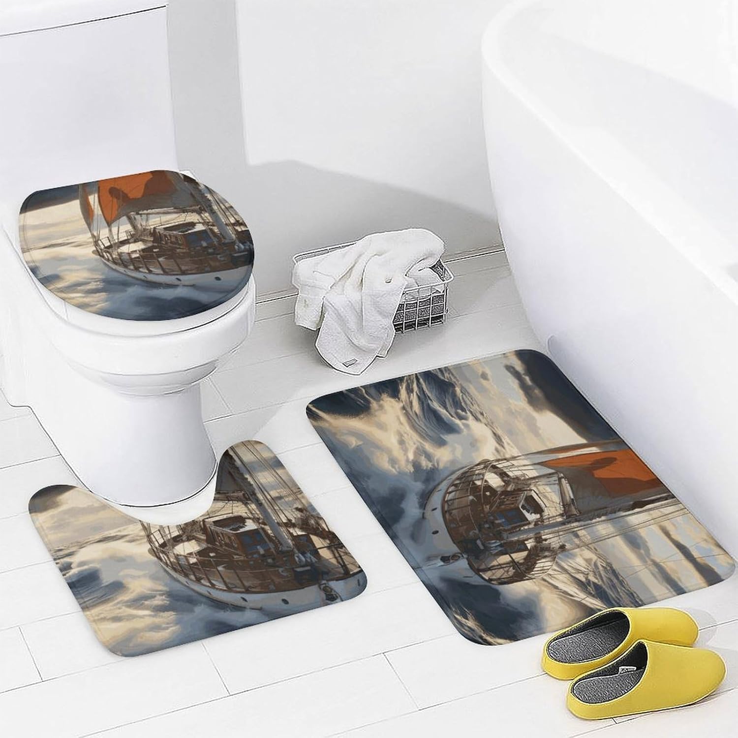 Ocean Sailboat Shower Curtains Set 4 Piece with Non-Slip Rugs, Toilet Lid Cover and Bath Mat Soft Bathroom Carpet Waterproof Bathroom Curtain with 12 Hooks for Bathroom Decor