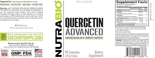 Miniatura 3 de NutraBio Quercetina avanzada con vitamina C y bromelina añadidas - Potente antioxidante - 90 cápsulas - Suplemento dietético