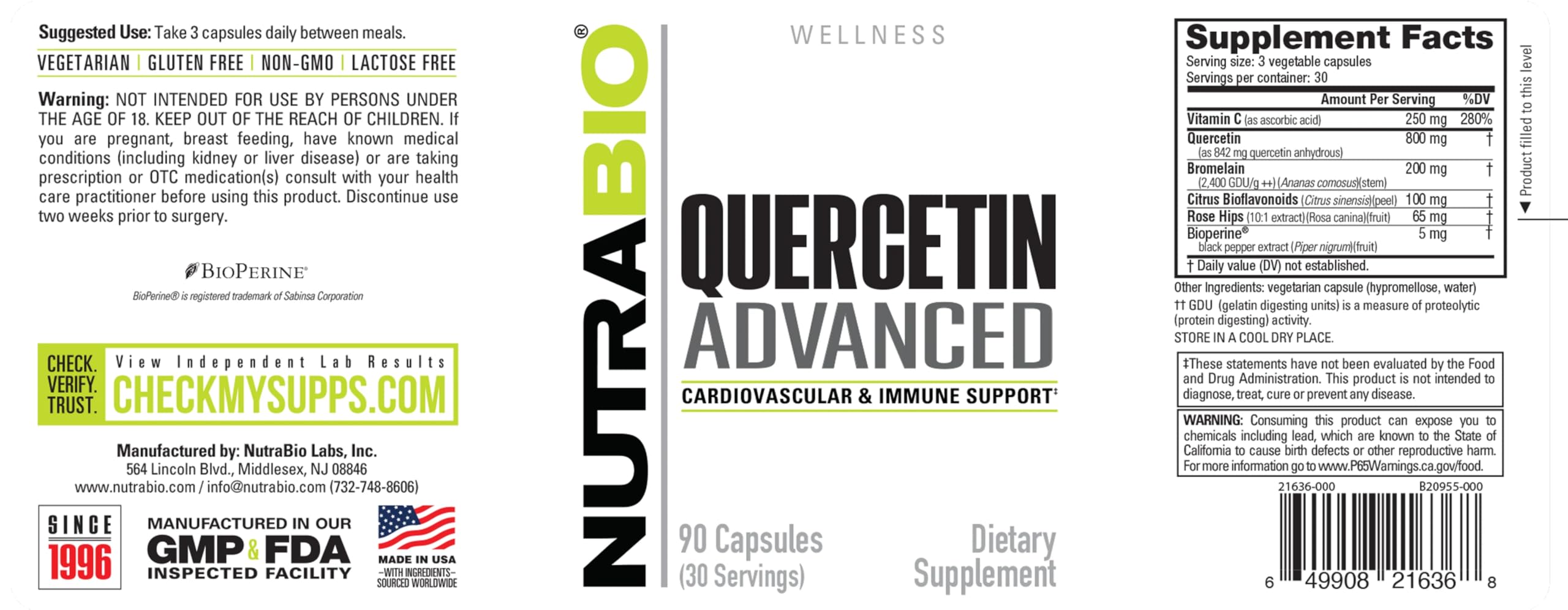 NutraBio Quercetin Advanced with Added Vitamin C and Bromelain - Potent Antioxidant - 90 Capsules - Dietary Supplement — Amazon image 3