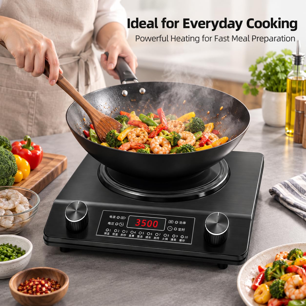 Plaque de cuisson à induction portable 3500 W avec design wok concave et 10