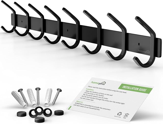 Homephix Coat Hooks for Wall Mounted with 8 Dual Heavy Duty Stainless Steel Rack for Coats, Jackets, Purses, Bags, Clothes, Towels and Garage Tools (Black, 8 Hooks)
