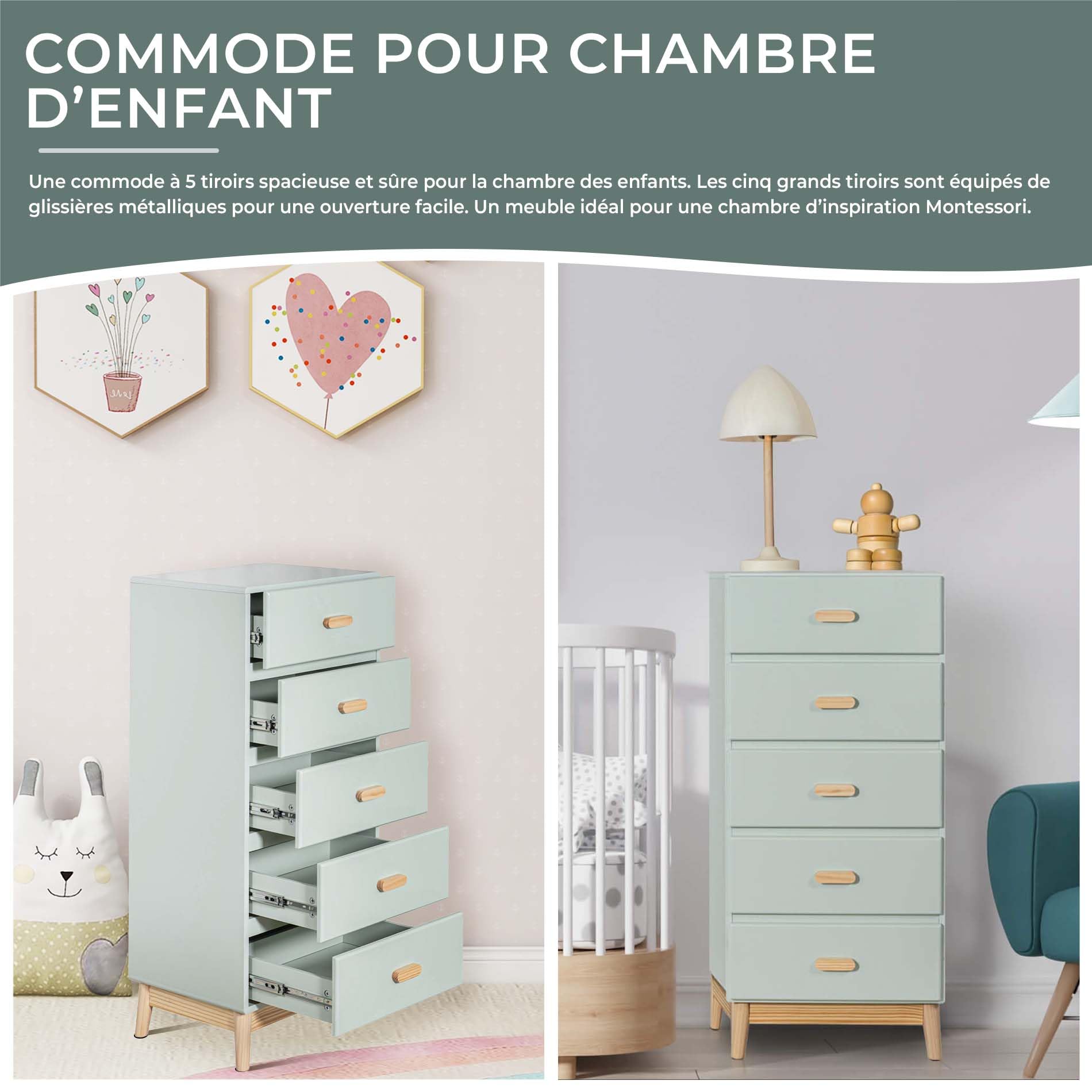 Rebecca Mobili Commode pour Enfants, Commode Gain de Place, Vert Eau Marron, Pin MDF, Style Scandinave, pour Chambre Montessori - Dimensions HxLxP: 115 x 50 x 40 cm - Art. RE6982