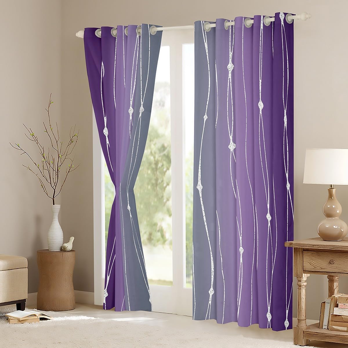 Homewish Modern Gray and Purple Blackout Curtains, Gradient & Striped, 46" W x 54" L, 2 Panels, Grommet Top, Bedroom & Living Room - Image 2