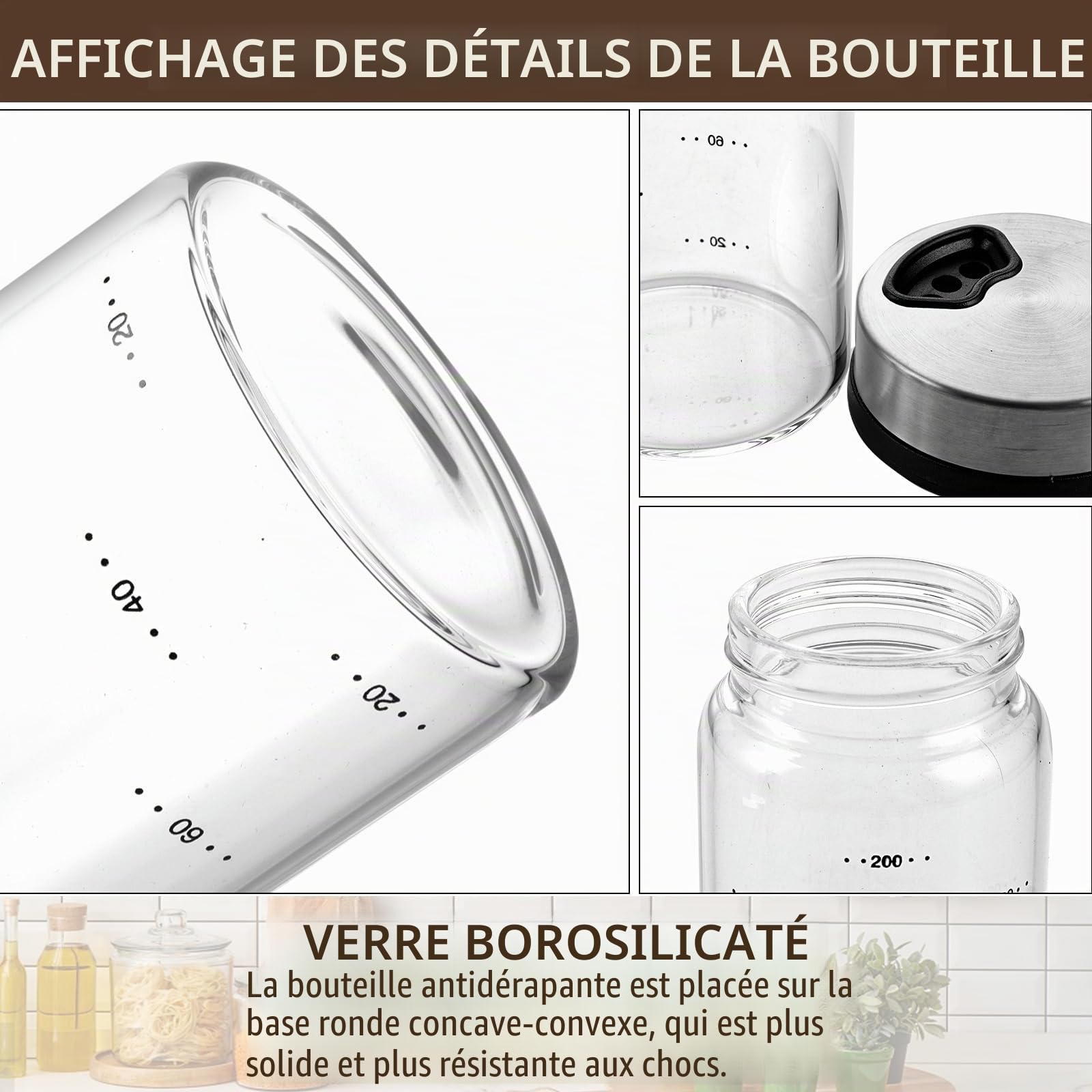 APACALI 4 Pièces Pot Epices Verre 200ml, Bocaux à Épices Borosilicaté, Pot pour Epices Cuisine Vide Avec Couvercle Rotatifs, Pot de Rangement pour lespour cuisine, barbecue en plein air