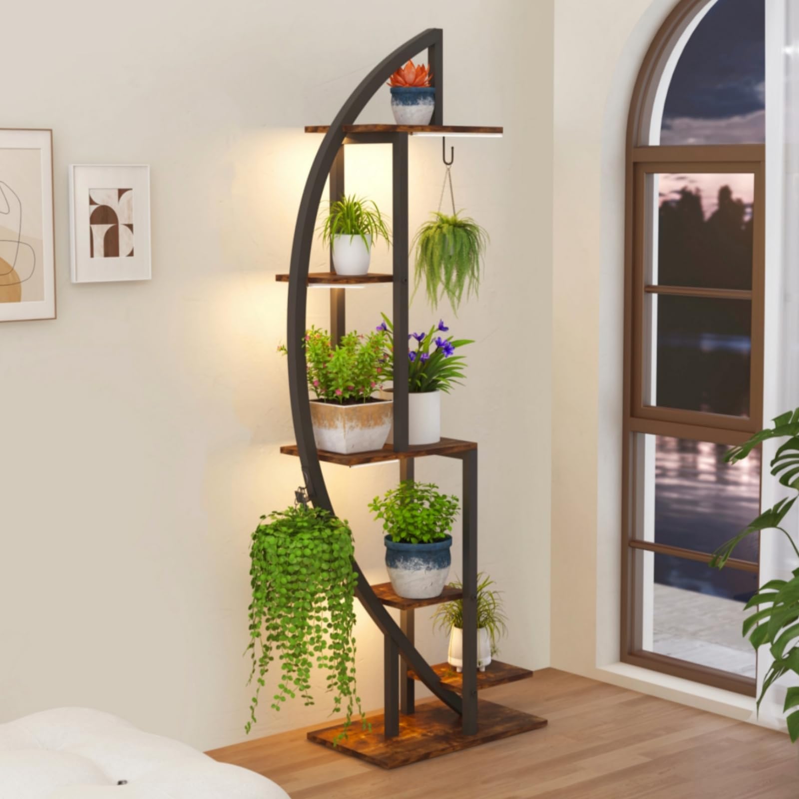 6 Ebenen Pflanzenständer mit Wachstumslicht, Großes Blumenständer 160cm Hoch, Metall-Holz Pflanzenregal Indoor & Outdoor Blumenregal für Wohnzimmer Balkon Flur, 50 x 30 x 160 cm