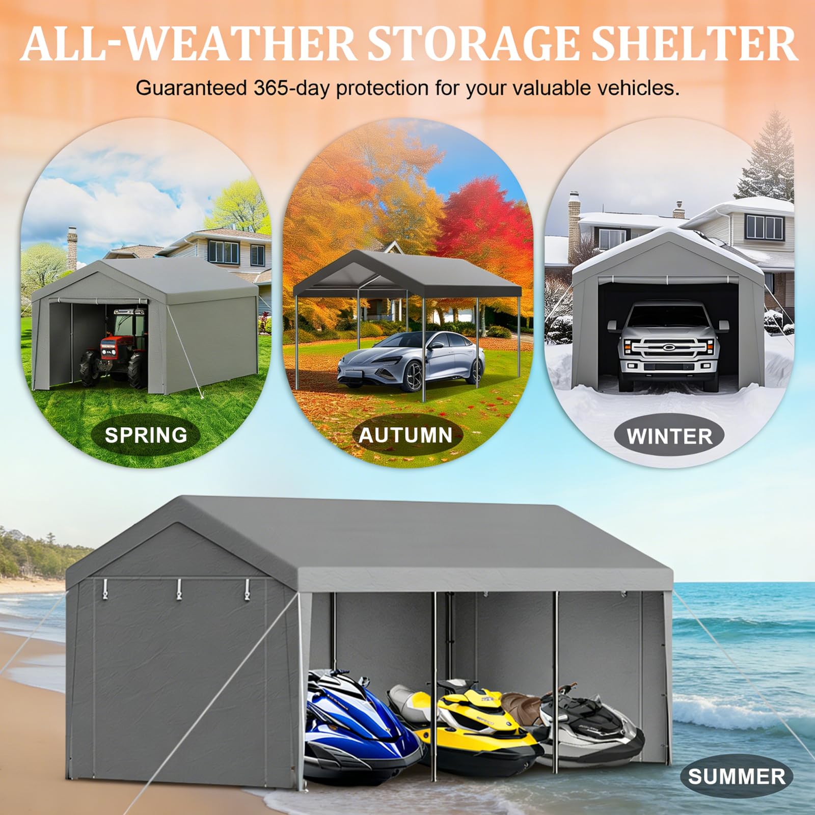 Tente de Garage 3x4m, Carport Abri Voiture avec Bâche PE & Porte Enroulable, Tente de Stockage Pliant Exterieur avec Parois Latérales Amovibles pour Moto Vélos Outils, Gris