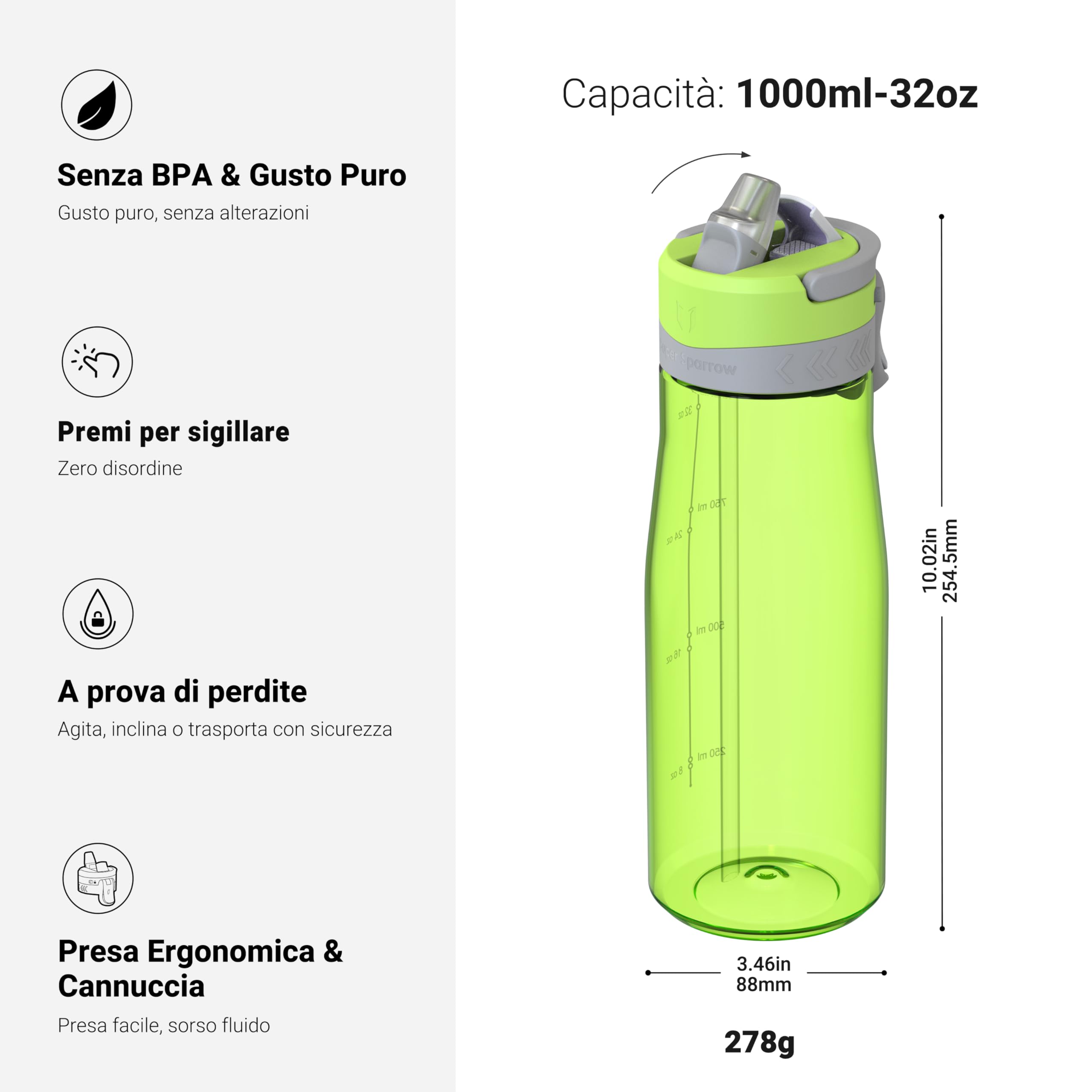 Sparrow Borraccia - 500ml, 750ml, 1L - TouchFlow Bottiglia Senza BPA - Senza Perdite Borraccia Cannuccia - Borracce Sportiva Flusso Rapido Con Un Clic per Scuola, All'aperto