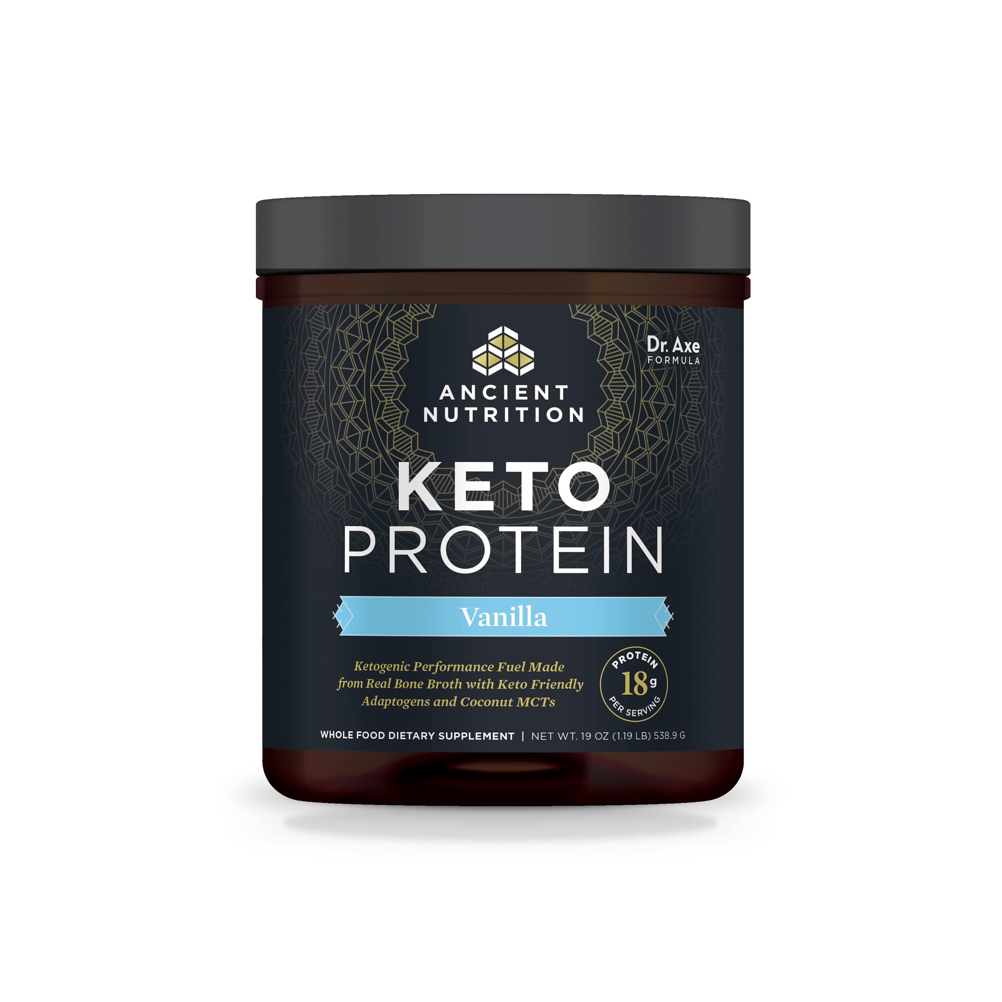Proteína cetogénica en polvo de Ancient Nutrition, KetoPROTEIN con grasas de caldo de hueso y aceite MCT, sabor vainilla, 18 g de proteína y 11 g de grasa por porción, sin gluten, 17 porciones