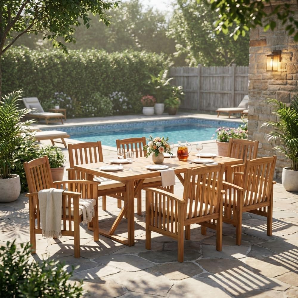 Elegant Acacia Wood Outdoor Dining Set for Patio, Backyard, Garden Deck or Poolside – Natural Grain Finish with Weather-Resistant Design (Brown + Teak + Acacia Wood + Polyester + Foam)