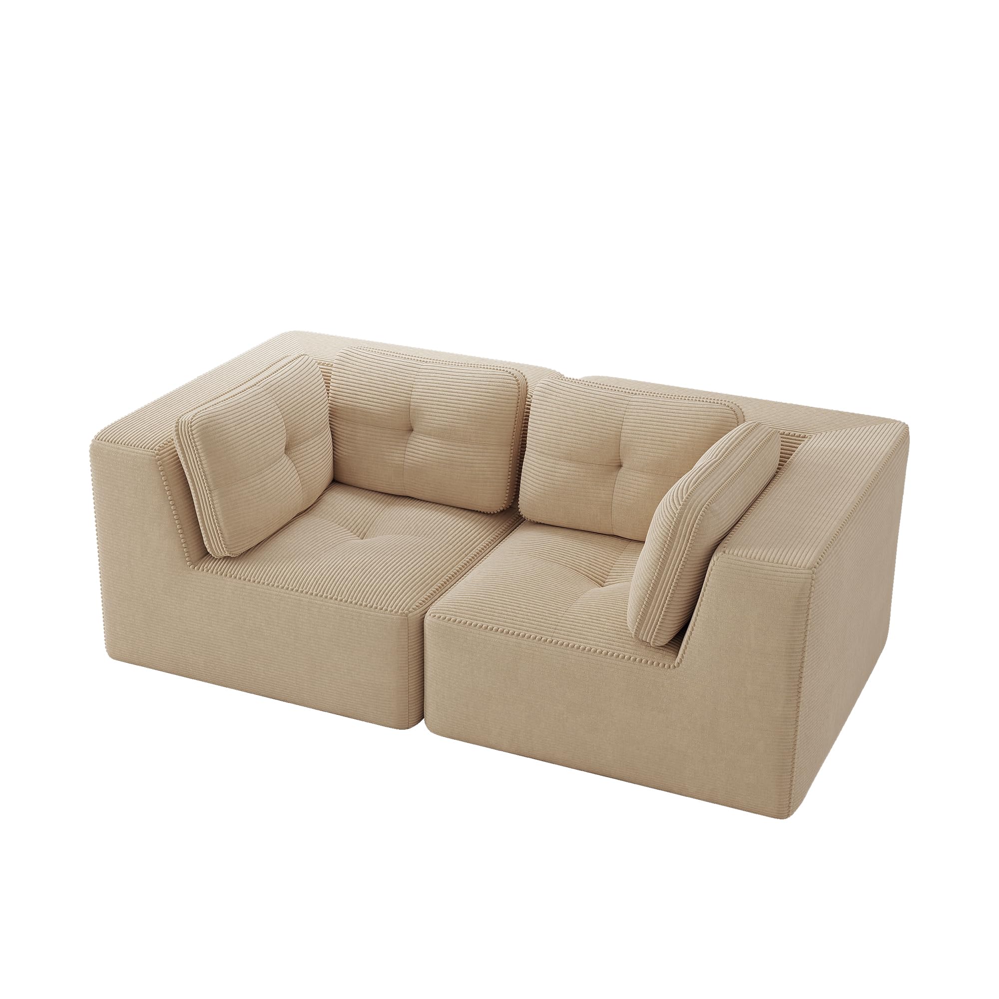 Sofa 2-osobowa ze sztruksu, modułowa, bezramowa, beżowa, głęboka siedziska