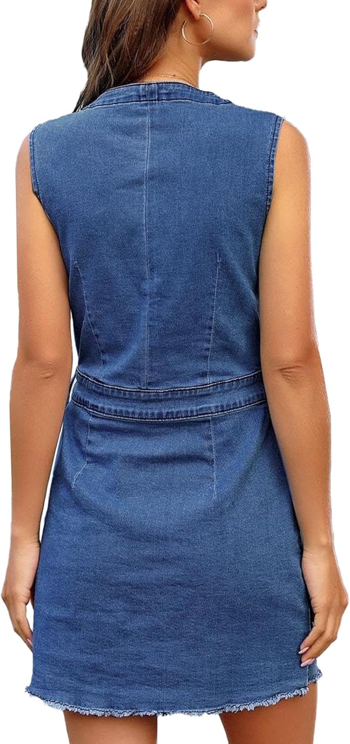 Sexyshine Women's V Neck Button Down Denim Dress Summer Sleeveless Frayed Raw Hem Jean Mini Dress with Pockets - Image 3