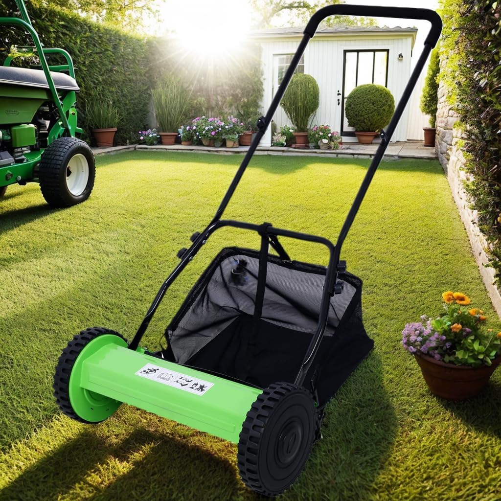 5-Blade Push Reel Lawn Mower with Efficient Grass Catcher, Adjustable Heights (Green 14Inch)