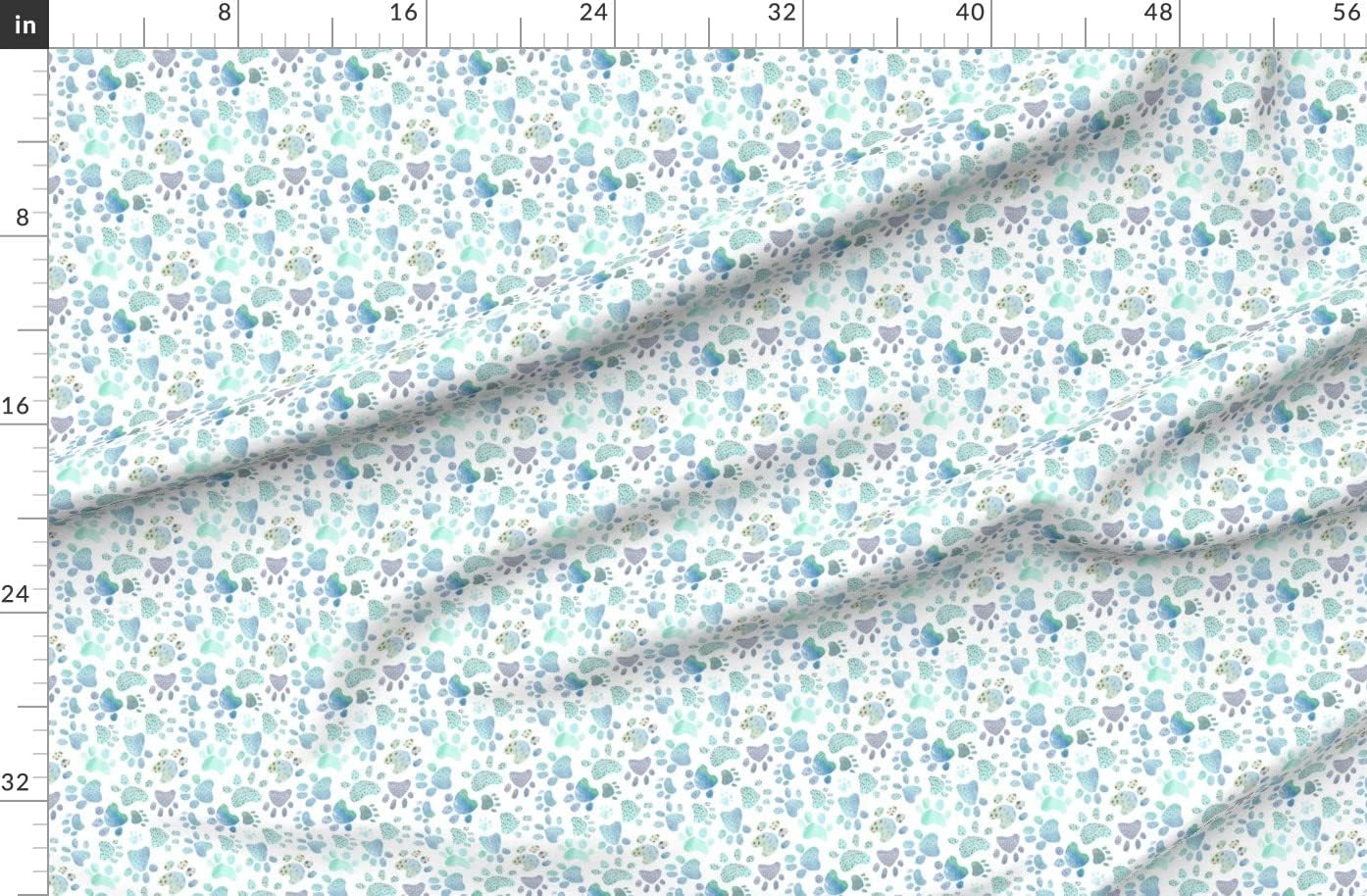 Spoonflower Fabric - Paw Prints Blue Dogs Puppy Watercolor Nursery Printed on Denim Fabric by The Yard - Bottomweight Apparel Home Decor Upholstery