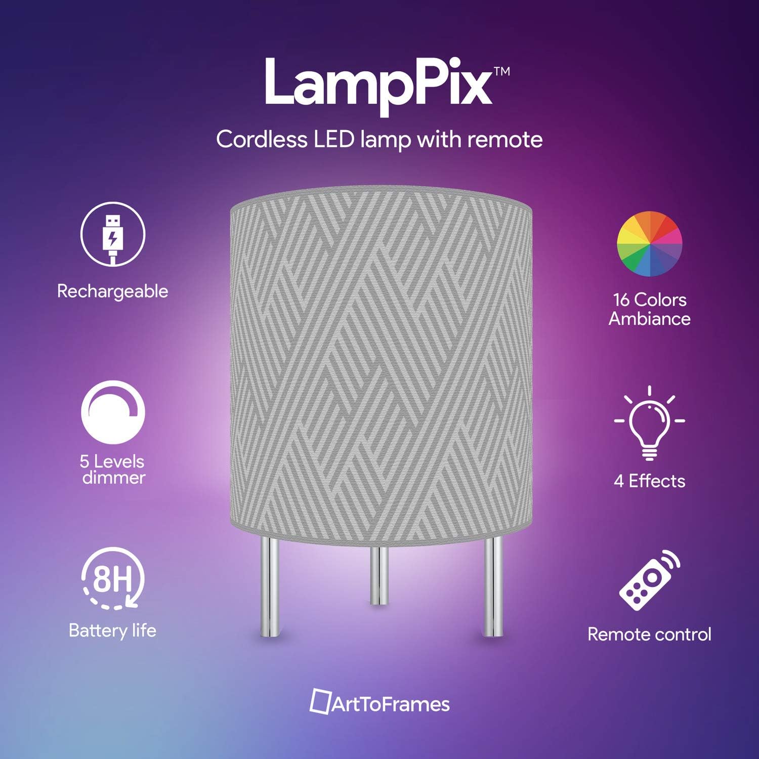 LED Desk Lamp Modeco Zig Zag Grey Canvas Printed Table Light Comes with 16 Color Rechargeable Light Bulb with 5 Level Dimmer and Remote Control and Chrome Standoffs. Made in The USA