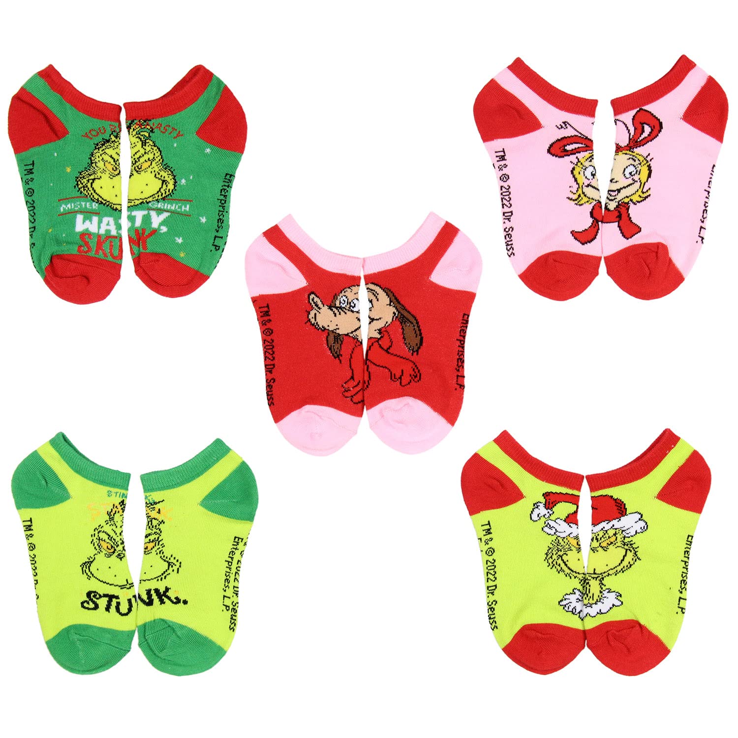 Bioworld Dr Seuss Kids How Grinch Stole Christmas Week of Socks Mix and Match - Juego de 7 pares de cajas de regalo (tamaño de calcetín 7-9), Multi colorido, 7-9