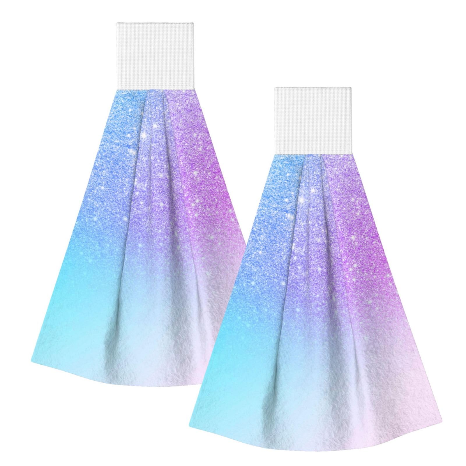 DOPKLNA Purple Pink Glitter Ombre Blue Gradient, 2 Pcs Hanging Coral Fiber Hand Towels for Bathroom, Absorbent Kitchen Towels