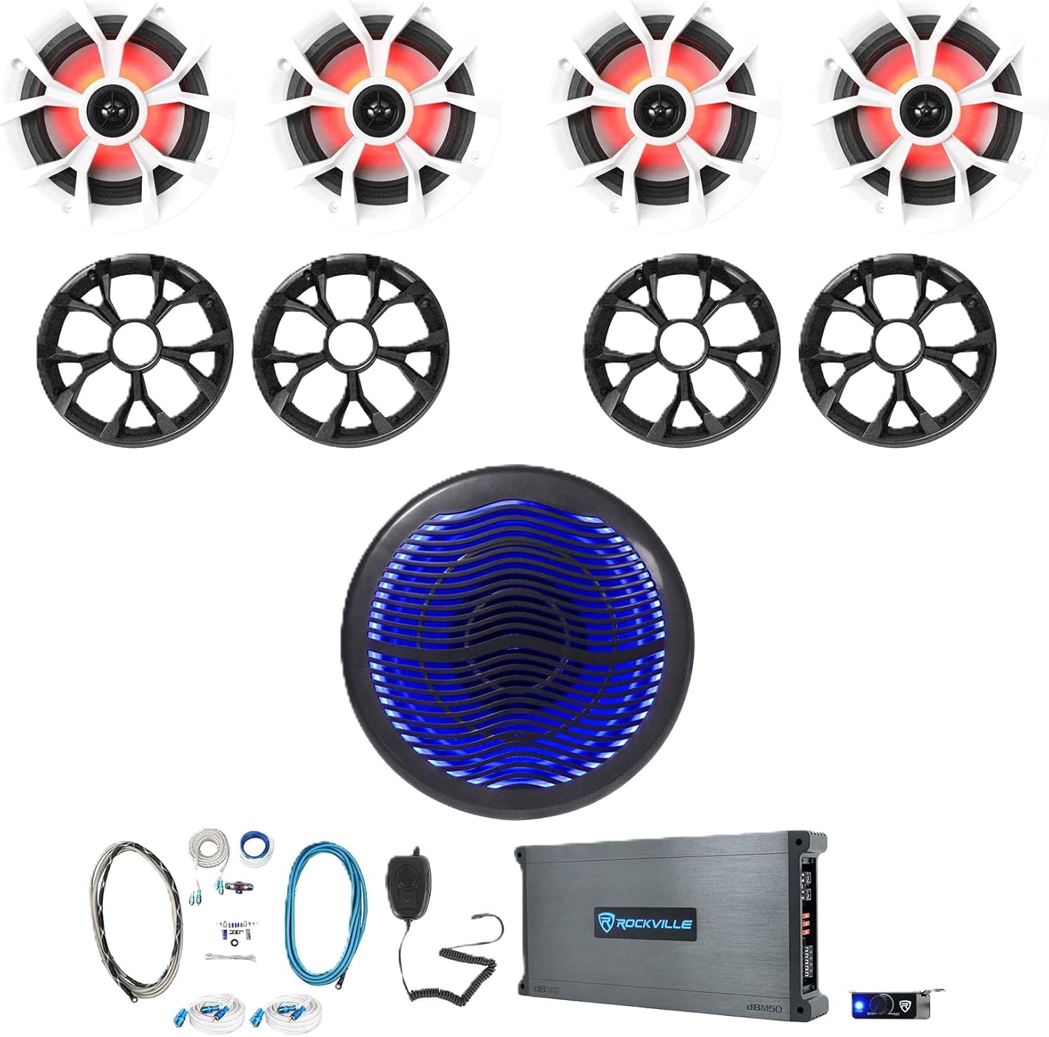 Rockville RKL65MBW Bundle: (4) 6.5-in 700-Watt Marine LED Speakers, MS10LB 10-in Free-Air Subwoofer, DBM50 5-Channel Marine Amplifier, RMWK4 4-Gauge Wiring Kit, (2) MRCA25 25 ft RCA Cables, 9-Items