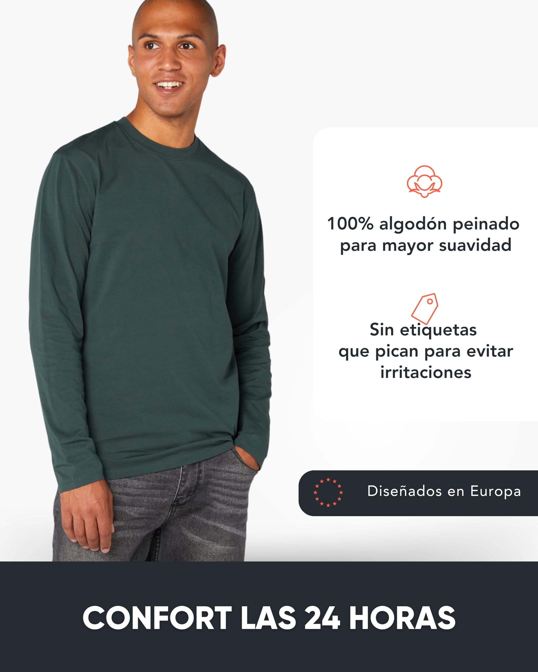 FM London Camiseta de Manga Larga Hombre, Pack de 3 - Camisetas para Hombre de Algodón Suave de Alto Gramaje, Corte Estilizado y Favorecedor, Cuello Redondo