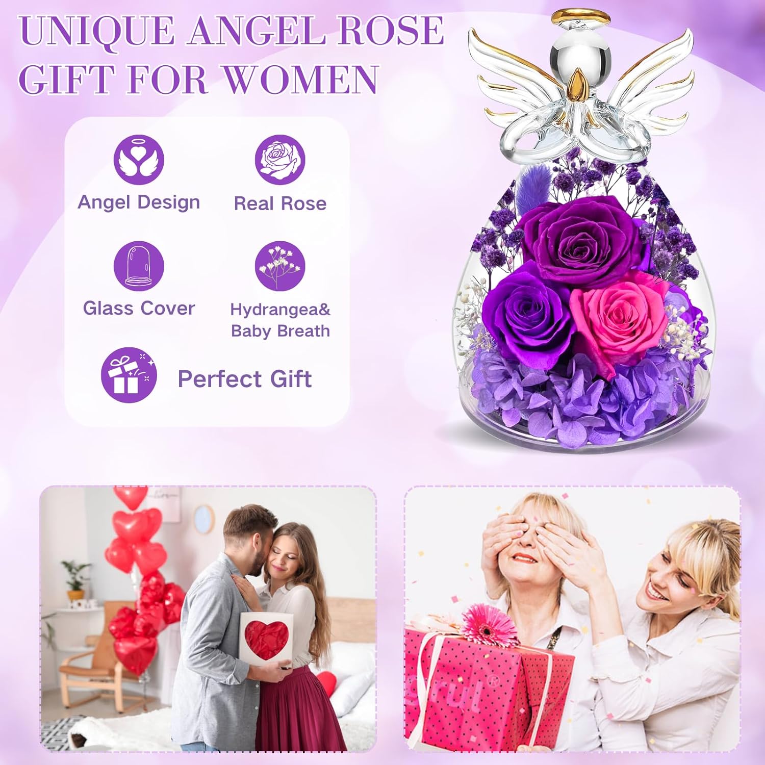 ASTRYAS Valentines Day Rose Gifts for Her Women Mom Gifts for Birthday, Preserved Real Flowers Roses in Glass Angel Figurines, for Grandma Wife Daughter Girlfriend Sister Her, Purple - Image 5