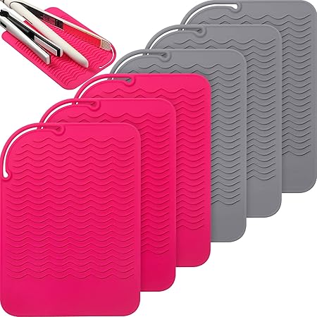 6 Pcs Heat Resistant Mats for Curling Irons, Silicone Hair Straightener Pad Travel Flat Iron Holder Hot Tools Mat for Hot Hair Dryer Salon Tools, 9 x 6.5 Inch, Pink, Grey