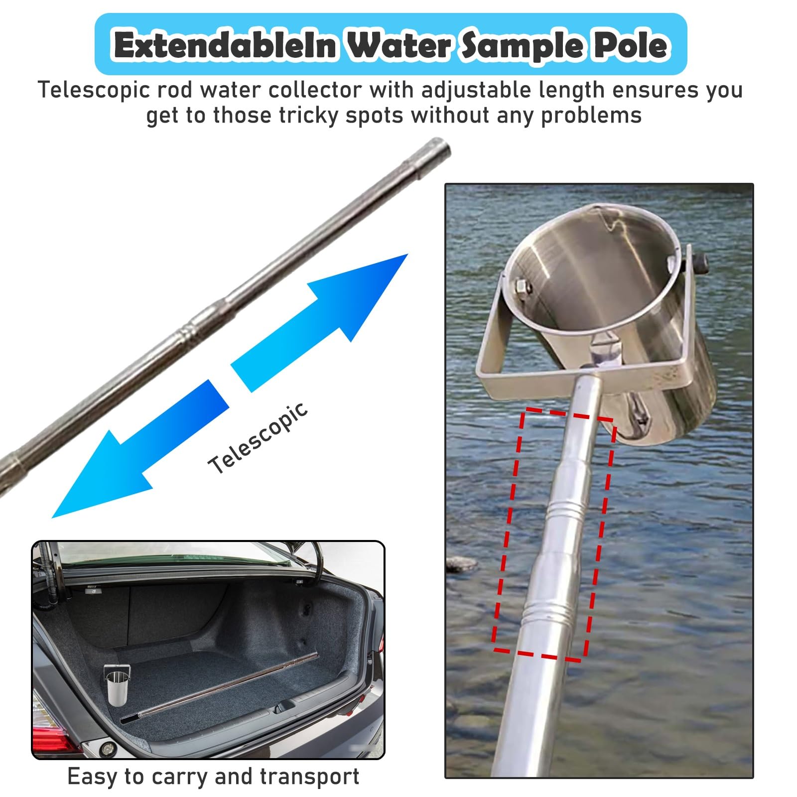 Dipper5001000 ml di campionatore d'acqua in acciaio inox con asta per fiumi, laghi e fango, ideali per test di qualità e analisi ambientale