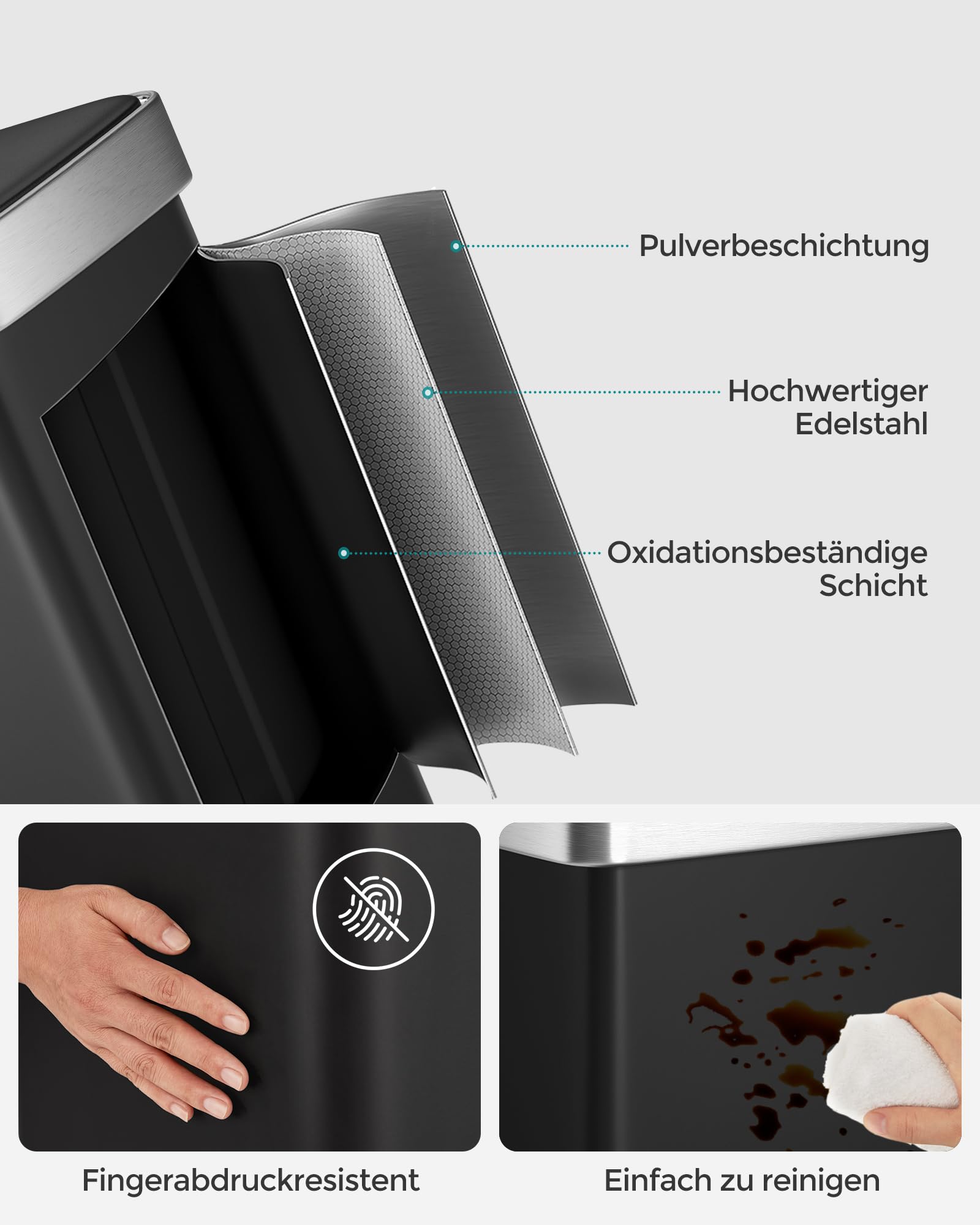 ‎SONGMICS Mülleimer Küche, 2 x 30 Liter, Mülltrennsystem, 2 Fächer, 15 Müllsäcke, Abfalleimer aus Edelstahl, Inneneimer aus Kunststoff, mit Deckel, Softclose, 58,2 x 31,5 x 60,5 cm, schwarz LTB202B01