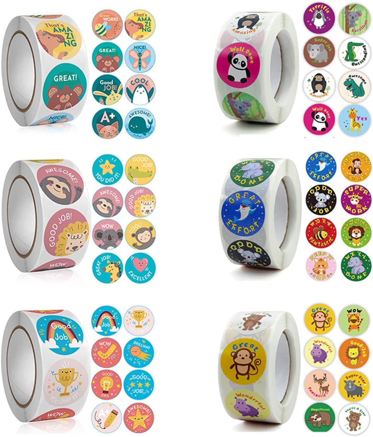 Teacher Reward Motivational Stickers, 3000 PCS Cartoon Animals Stickers Fun Stickers Reward Stickers for Teacher Encourage Student Round Reward Sticker for Kid (1 Inch, 6 Rolls, 500 Labels/Roll)