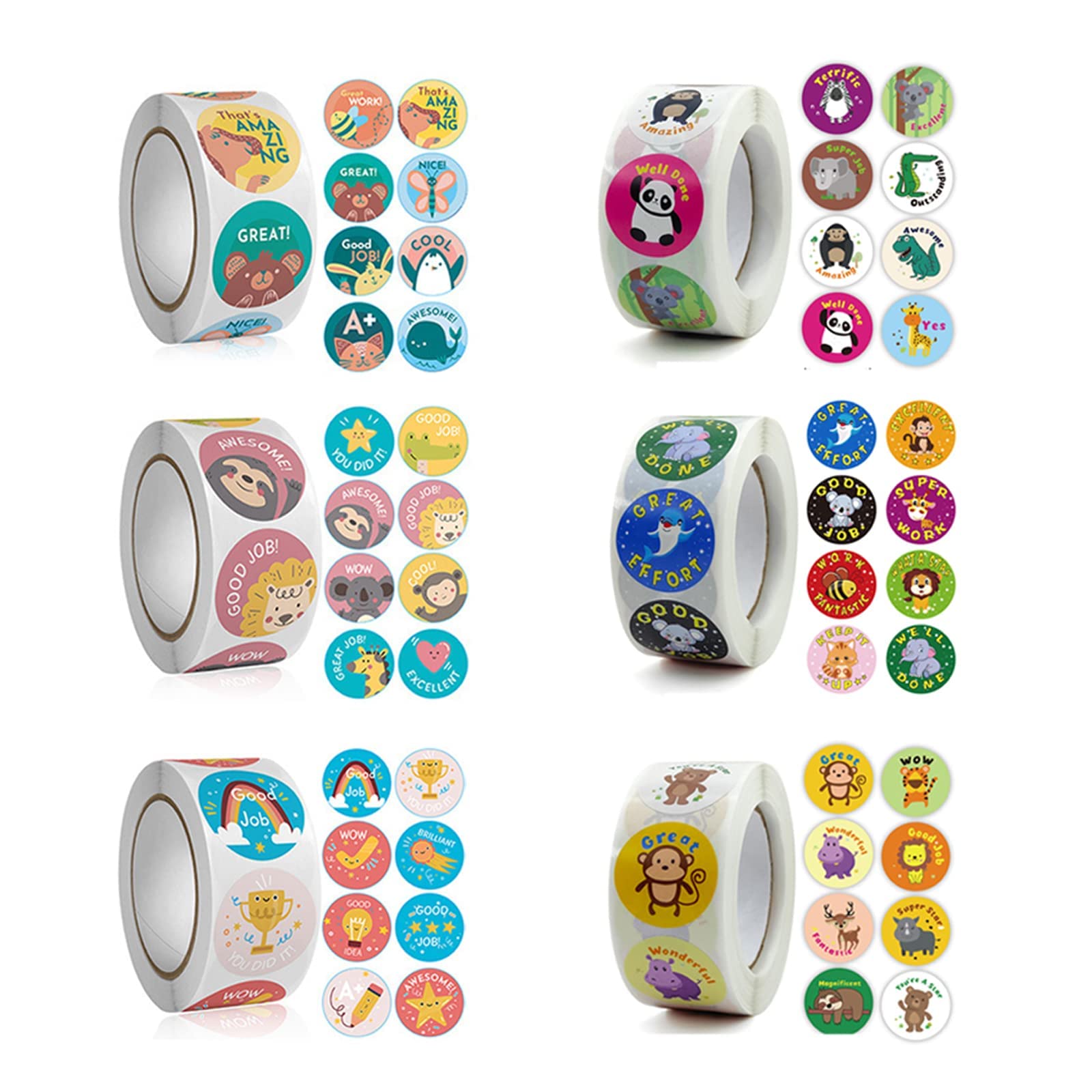 Teacher Reward Motivational Stickers, 3000 PCS Cartoon Animals Stickers Fun Stickers Reward Stickers for Teacher Encourage Student Round Reward Sticker for Kid (1 Inch, 6 Rolls, 500 Labels/Roll)