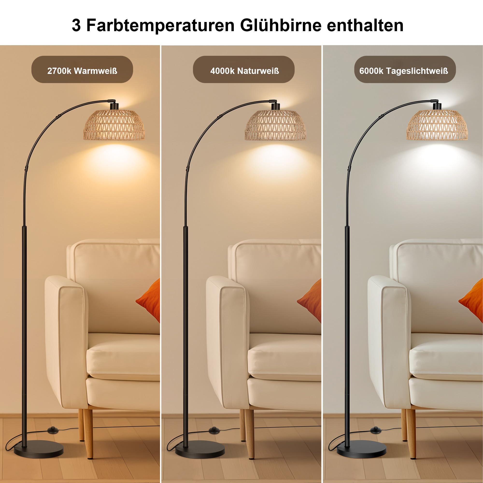 ROTTOGOON Bogen Rattan Stehlampe für Wohnzimmer 3 Farbtemperaturen Dimmbare 9W LED mit Fußschalter Boho Landhausstil Stehleuchte für Schlafzimmer Büro inkl. Birne Schwarz