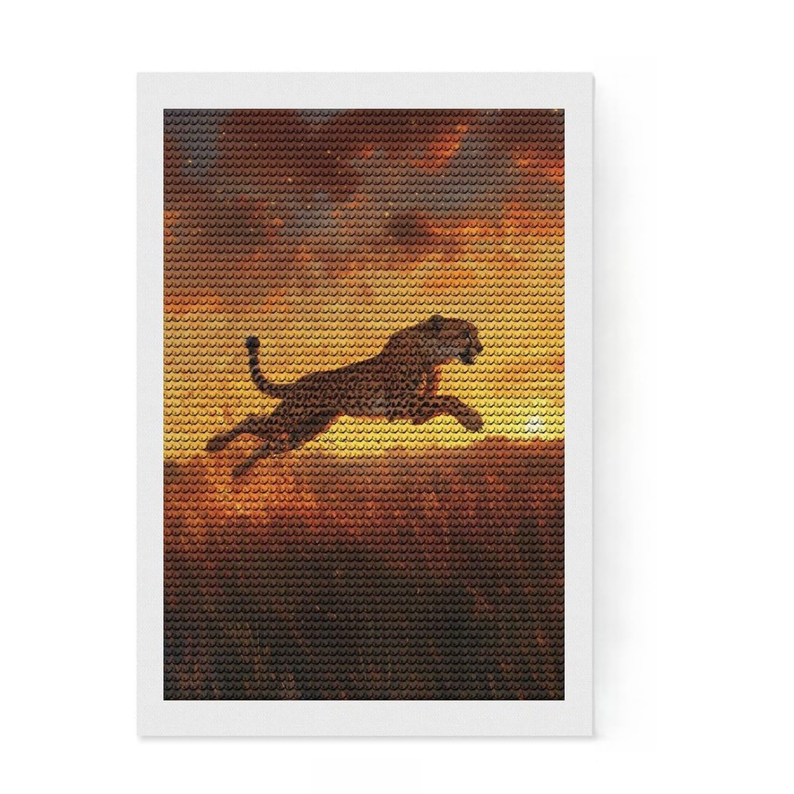 Junmoney Cheetah Leap at Sunset Diamond Painting Canvas Kit 8"x12", Festive Home Decor, for Women, Farmhouse Decor, Decor Project, Cute Room Decor