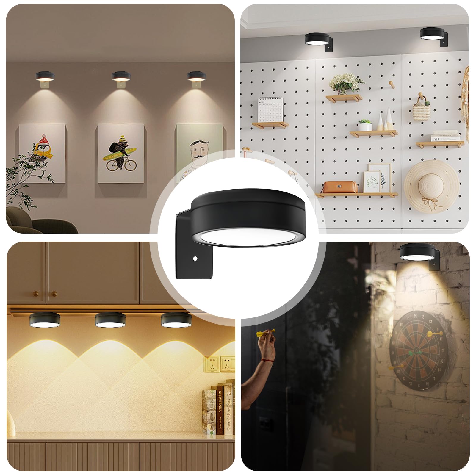 Aicharynic Confezione da 4 luci per quadri, luce per quadri con batteria e telecomando, lampada per quadri, luce da pittura ricaricabile con 3 temperature di colore, LED dimmerabile per esposizione
