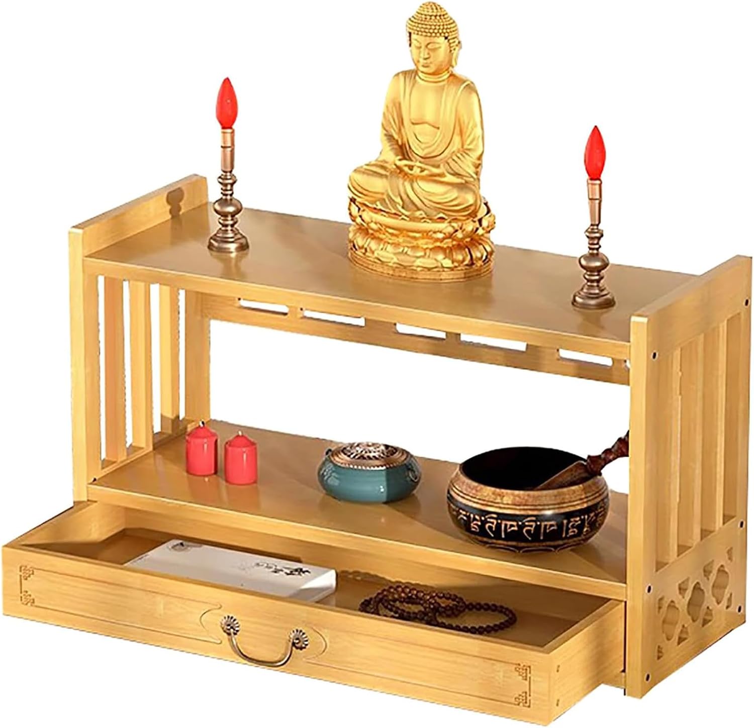 Meditation Altar Table with Drawer 3-Tier Bamboo Puja Tables for Buddhist Prayers Desktop Storage Cabinet for Jars Tea Plants Witch Wiccan Shrine Prayer Stand Size m Colour b