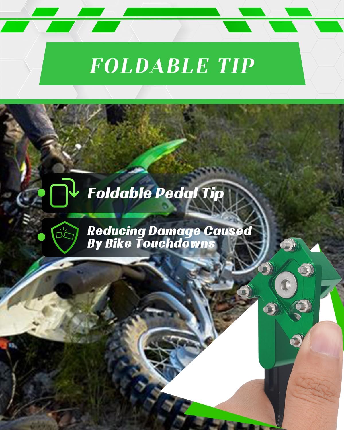 JFG RACING Motorcycle Rear Brake Pedal Foldable Foot Brake Lever for KLX110/110L 2010-2026 Dirt Pit Bike, Green