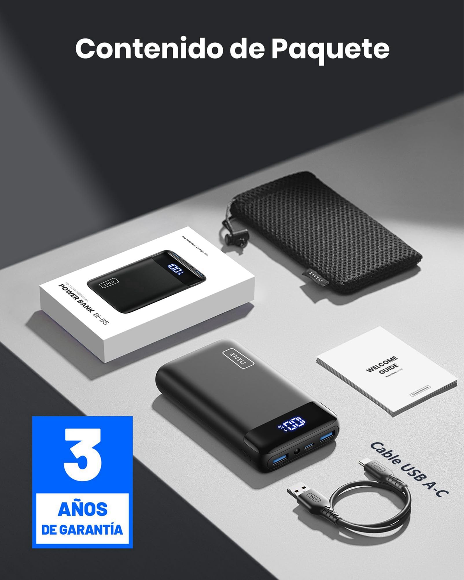 INIU Power Bank, 20000mAh 22,5W Carga Rapida Bateria Externa, Apto para Avión, Esenciales de Viaje, Bateria Portatil para iPhone 17 16, Samsung S25, iPad, Xiaomi etc