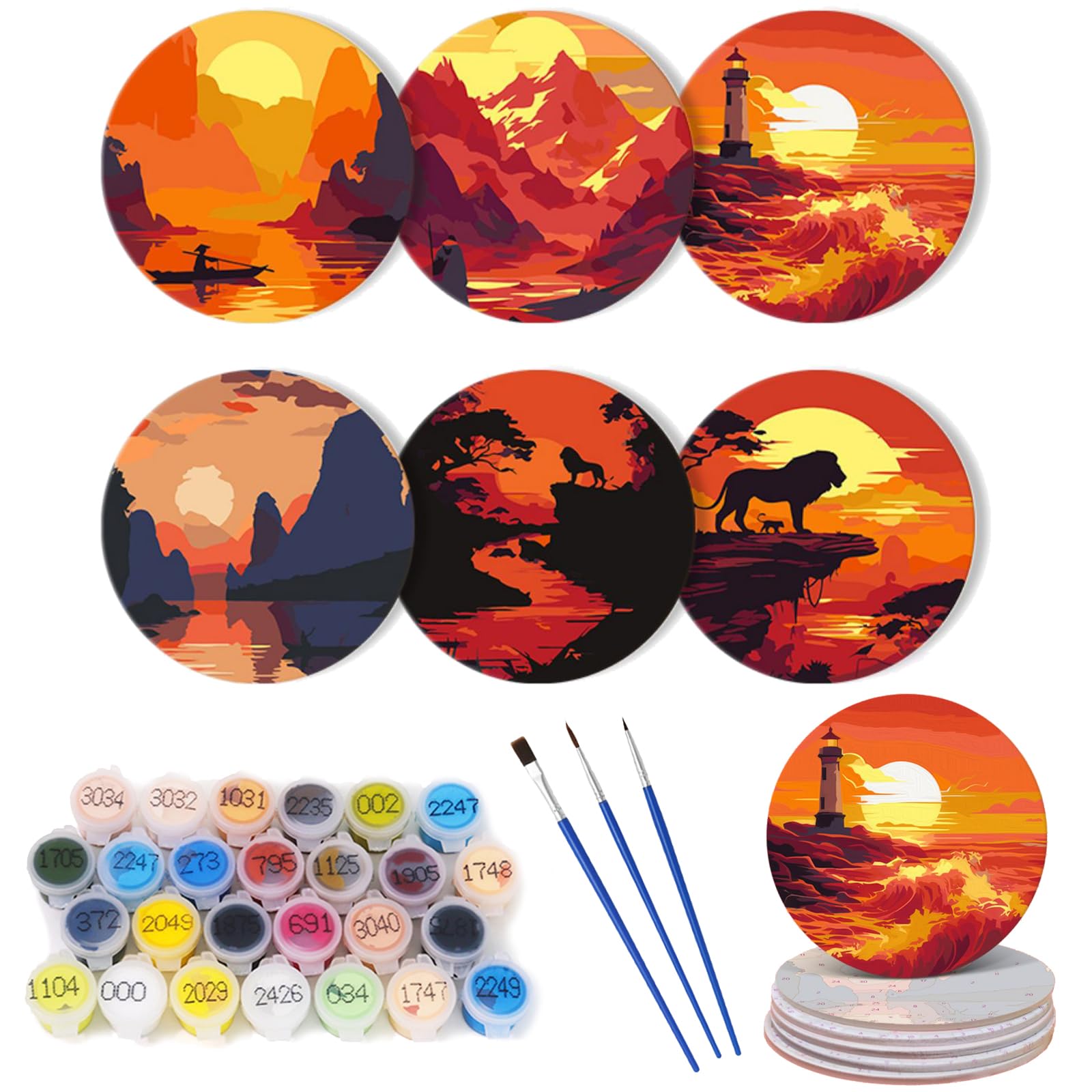 6 Pcs Paint by Numbers Coasters Kits with Holder, DIY Paint by Numbers Coasters for Adults Beginners, Coasters with Brushes Acrylic Paint, Paint by Numbers Kits Craft Supplies-11-Sunset — image 1