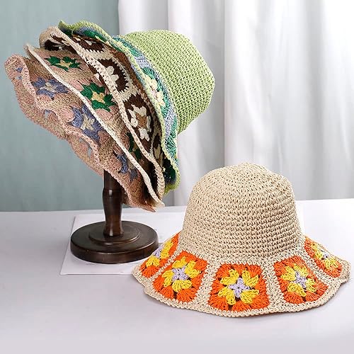 Miniatura 7 de Sombrero de paja para mujer, sombrero de pescador tejido floral, sombrero de pesca, sombrero de playa, gorra plegable tejida a mano, Ala ancha Caqui