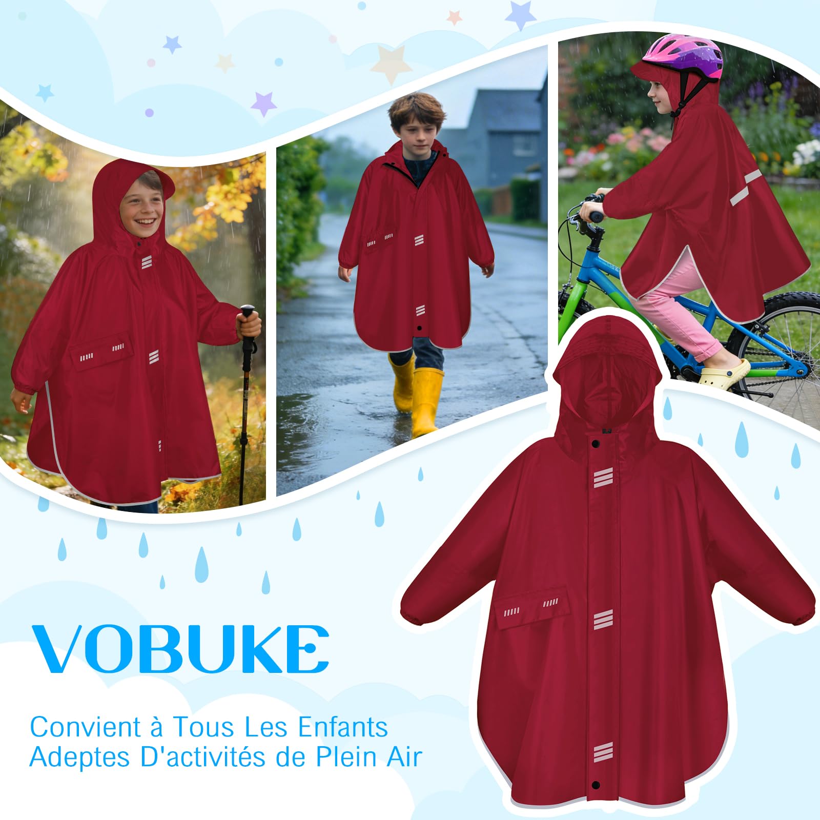 Poncho Pluie Enfant Poncho de Pluie Imperméable Garçons Filles Réutilisable Léger Cape De Pluie Capuchon Manches Réfléchissante Cape De Pluie Unisexe Pour Va à L'école Randonnée Voyage