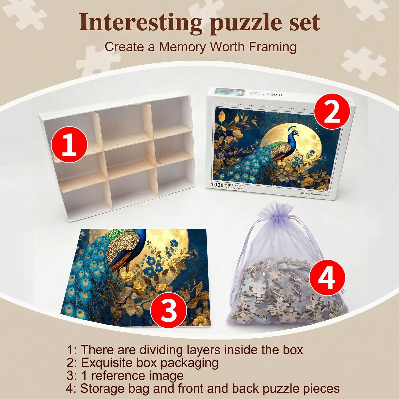 Pavone luna Puzzle 1500 Pezzi per Adulti, Puzzle in Legno - Collezione Classica con Poster Incluso - Sfida di Concentrazione e Passatempo Antistress, Gioco Educativo per Famiglia, 87 x 57 cm f0-594
