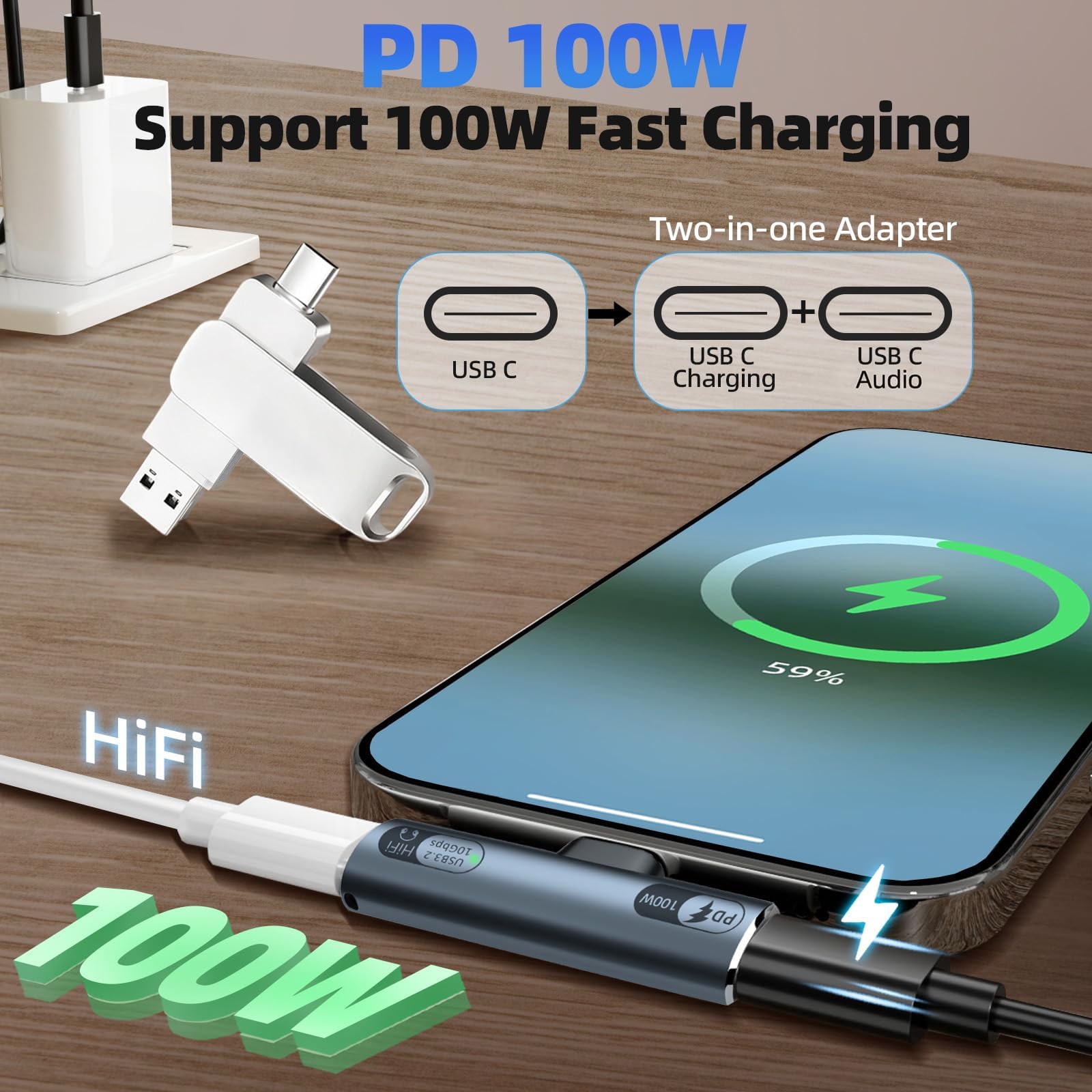 Adattatore USB-C 2 in 1 Audio e Ricarica Rapida 100W per Laptop Tablet Smartphone Grigio