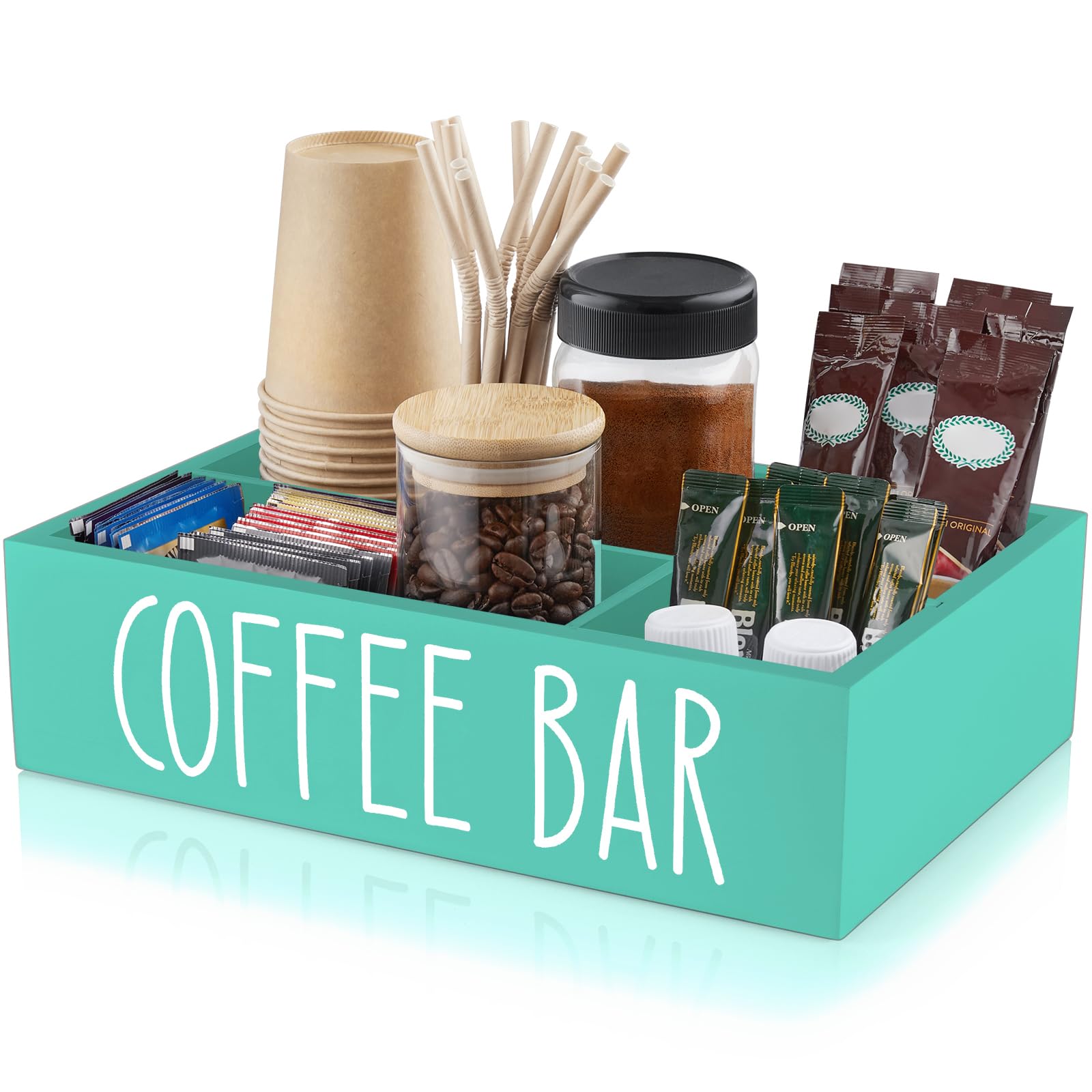 ALELION Turquoise Coffee Station Organizer with Removable Dividers - K Cup Pod Holder Storage Basket for Sugar, Tea - Teal Coffee Bar Kitchen Decor Accessories Organizer for Countertop