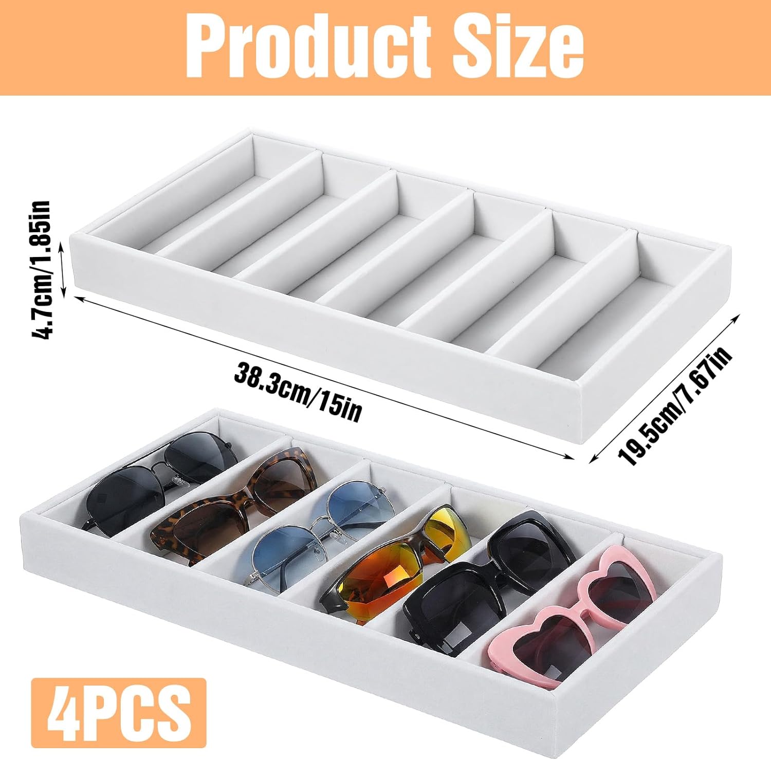 4 PCS Velvet Sunglasses Organizer Tray, 6 Grids Velvet Sunglasses Tray Stackable Storage Organizer Removable Board for Eyeglasses, Jewelry, Watch Organization and Display-Beige