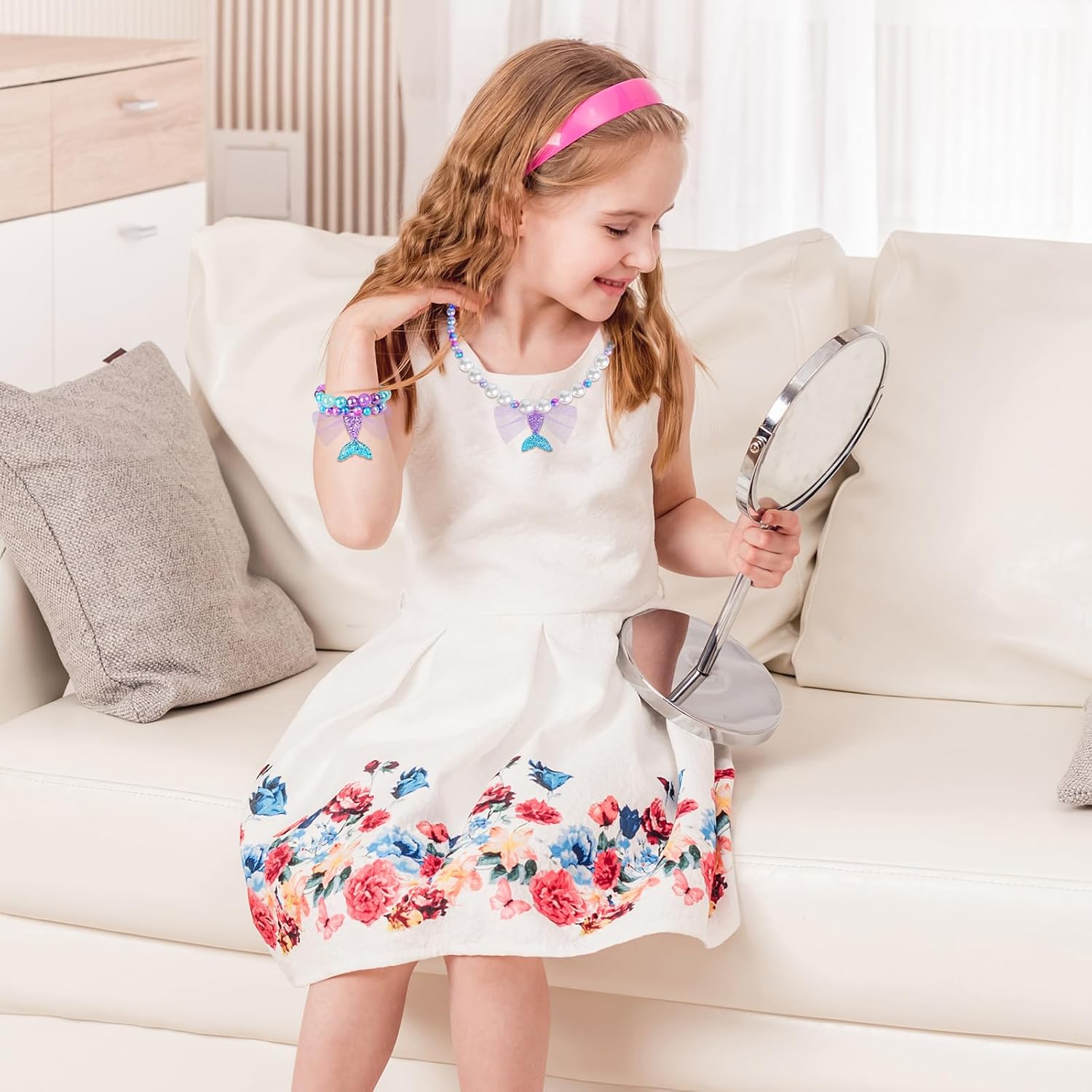 2 Sets Mermaid Jewelry Dress Up Set for Girls, Mermaid Necklace, Shell Bracelet, Ring & Earrings Pretend Princess Accessories for Kids Ages 3-8 Birthday, Halloween & Costume Party Gift - Image 2