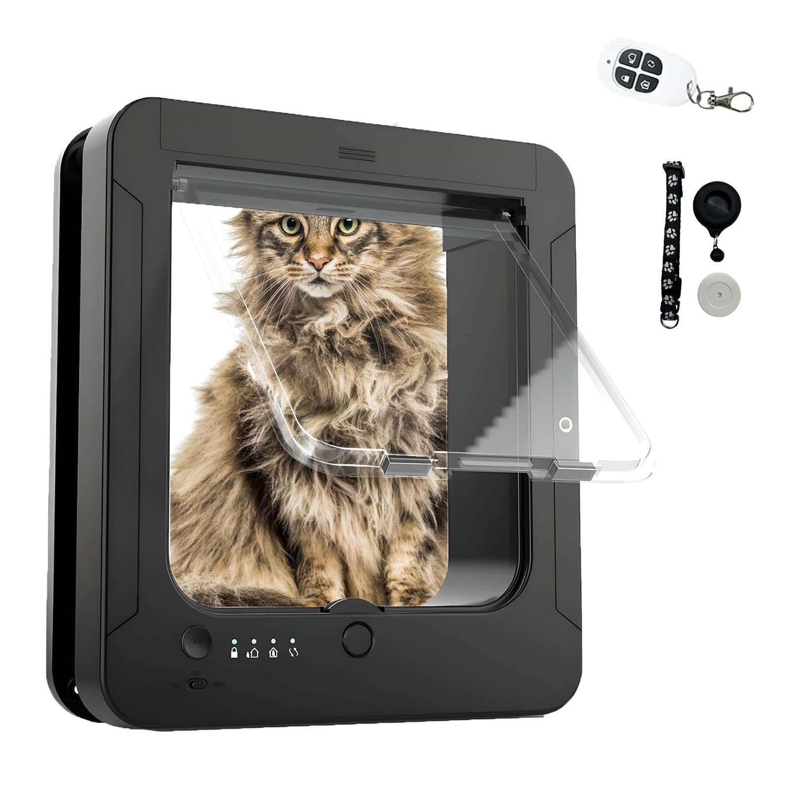 Smart Cat Door with Microchip and RFID, Electronic Pet Flap for Cats and Small Dogs, Weatherproof Exterior Door Access with 2 Sensor Collars and Remote Control,B