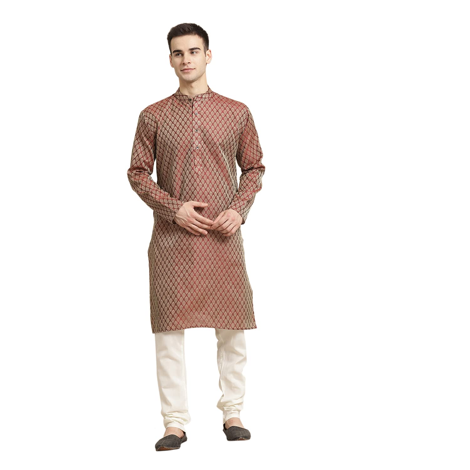 Sojanya (Since 1958 Men's Jacq Silk Maroon Self Design Kurta & Off-White Churidar Pyjama Set